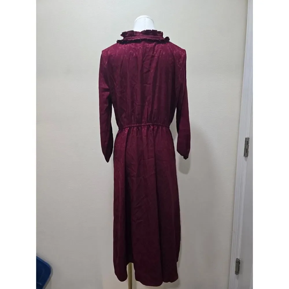 Croft & Barrow Ruffle-Neck Dress Victorian Midi Dark Red Floral Women's Size S